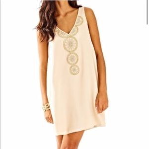 LILLY PULITZER TAN “FIA DRESS” WITH TAN AND GOLD BEADING ON THE FRONT. NWT